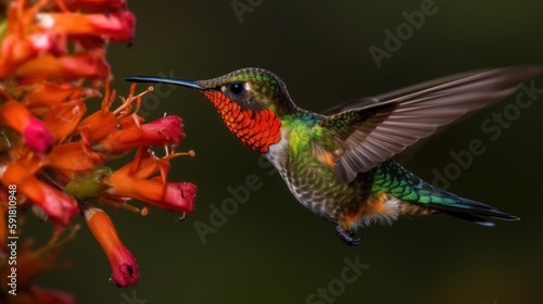 Hummingbird hovering in mid-air while drinking nectar from a flower. Generative AI