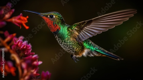 Hummingbird hovering in mid-air while drinking nectar from a flower. Generative AI © bomoge.pl