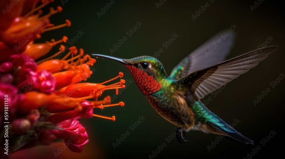 Hummingbird hovering in mid-air while drinking nectar from a flower. Generative AI