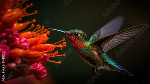 Hummingbird hovering in mid-air while drinking nectar from a flower. Generative AI