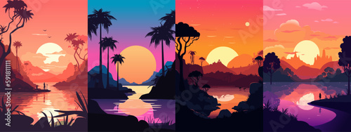 Set of bay landscape at sunset vector illustration