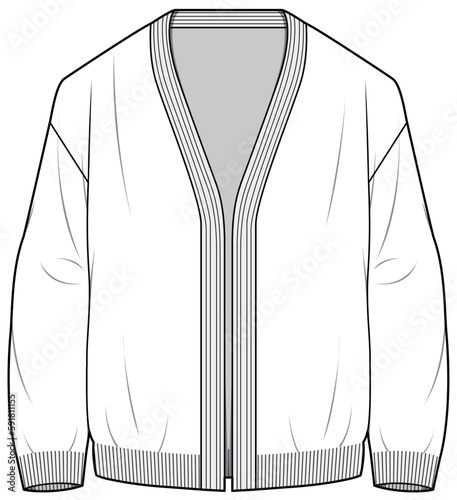 mens long sleeve drop shoulder cardigan flat sketch vector illustration technical cad drawing template