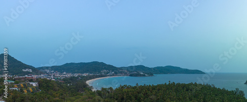 .aerial view scenery turquoise sea at Kata beach Phuket. .Pu island infront of Leam Chai Kata beach. .Colorful turquoise sea. Gradient color. sea texture, abstract nature background. . © Narong Niemhom