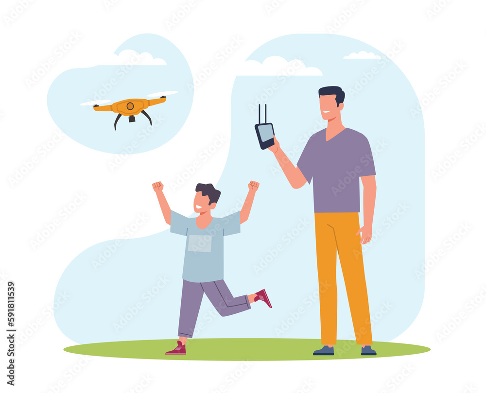 Father and son launch drone in wild. Outdoor recreation leisure for family. Quadcopter electronic technology, flying vehicle gadget with propeller. Cartoon flat illustration. png concept