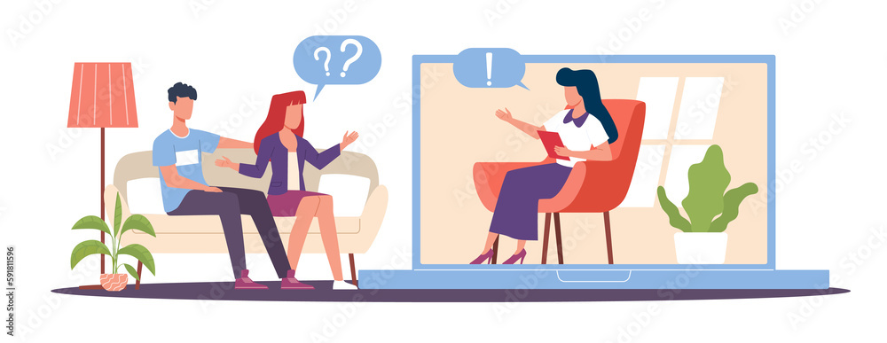 Online counseling concept, couple discussing mental problems with family psychologist. Couple misunderstanding. Cartoon characters flat style isolated illustration. png psychotherapy help