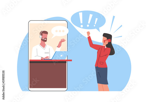 Bad review, woman makes bad customer service review. Angry girl shouting in smartphone. Negative feedback. Dissatisfaction of product cartoon flat illustration. png complaint concept photo