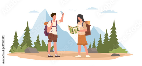 Guy and girl get lost in woods and search for directions with help of map and satellite navigation. Young tourists hiking in forest. Active lifestyle cartoon flat illustration. png concept