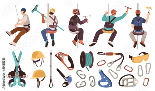Industrial climbing equipment. Dangerous works people, windows cleaning, wall insulation, safety cables, helmets and fasteners, cartoon flat isolated illustration isolated, tidy png set