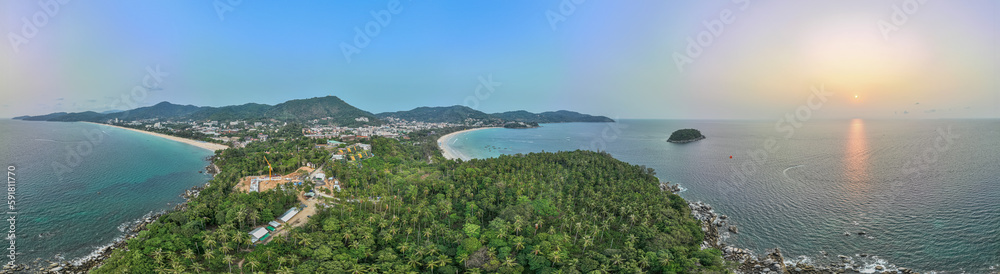 .aerial panorama view scenery turquoise sea at Kata Karon beaches Phuket. .Pu island infront of Leam Chai Kata beach. .Colorful turquoise sea. Gradient color. sea texture, abstract nature 