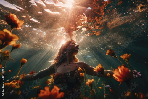 Beautiful woman under water portrait. Generative AI. © Jasmina