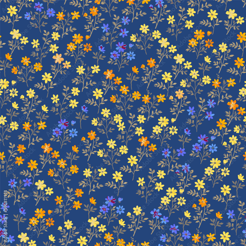 Seamless pattern with small blooming yellow, orange, blue flowers on a blue background.