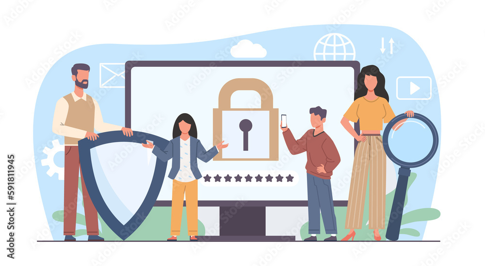 Parental control, dad and mom block banned or inappropriate content on internet. Censored information, children protection, cartoon flat family characters isolated illustration. png concept