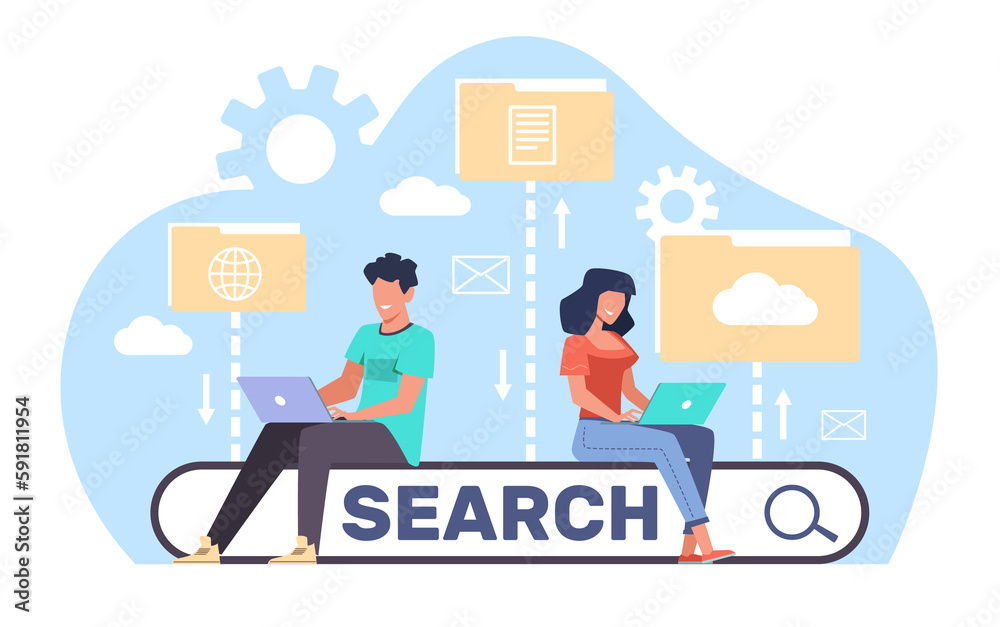 People use laptop to search for files in an electronic database. Man and woman with computer on bar template for website. Ask question online. Cartoon flat isolated illustration. png concept