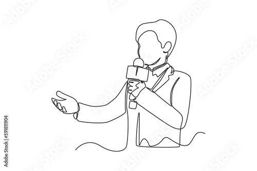 Continuous one line drawing male news anchor stands with a microphone. News anchor concept. Single line draw design vector graphic illustration.
