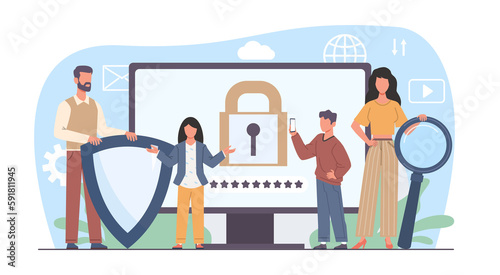 Parental control, dad and mom block banned or inappropriate content on internet. Censored information, children protection, cartoon flat family characters isolated illustration. png concept