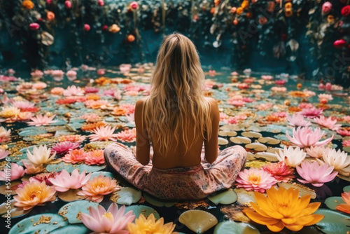 Young  woman sitting in a peaceful garden surrounded by blooming flowers and connecting with the energy of nature. Generative AI. photo