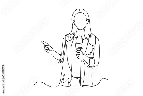 Continuous one line drawing happy anchor woman holding mic with reporting news. News anchor concept. Single line draw design vector graphic illustration.