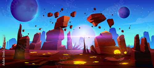 Cartoon alien planet surface with stones and cracks. Vector illustration of dangerous space game platform with rocks floating in air, satellites and stars shining in night sky. Galaxy background