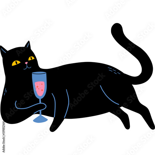 Black Cat With Glass Of Sparkling Wine