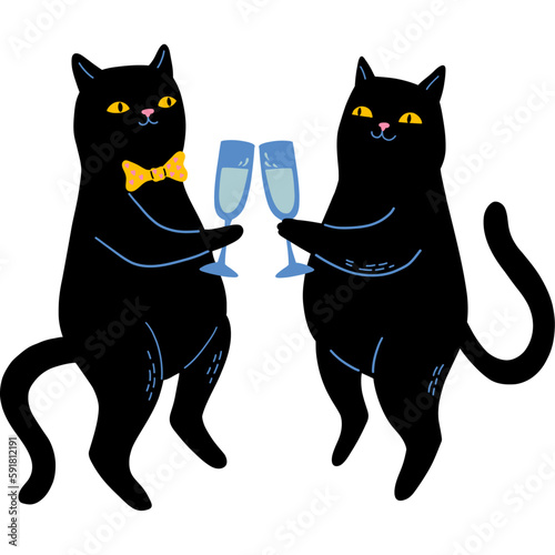 Two Black Cats With Champagne Glasses