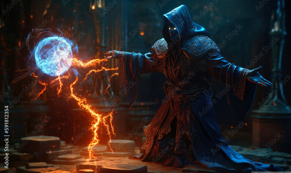 Dark elemental mage levitate casting glowing arcane fire spell, ai generative