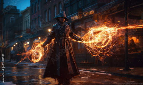 Dark elemental mage levitate casting glowing arcane fire spell, ai generative