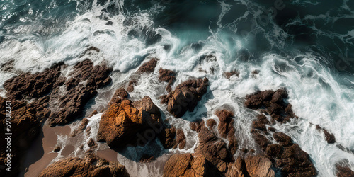 An aerial view of waves on the rocks