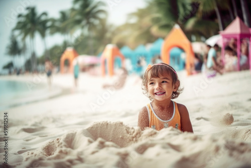 Little happy child playing in sand on the beach, Generative ai