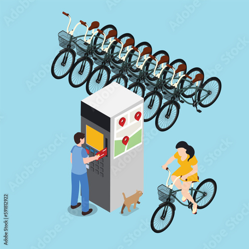 Row of bicycles parked for rent isometric 3d vector illustration concept banner, website, landing page, ads, flyer template