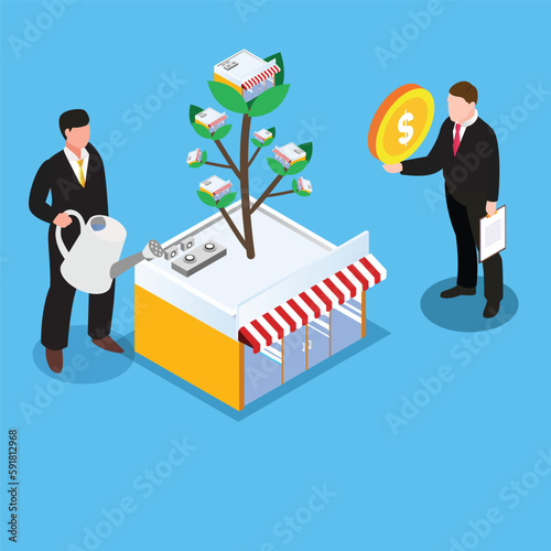 Franchise business tree isometric 3d vector illustration concept banner, website, landing page, ads, flyer template