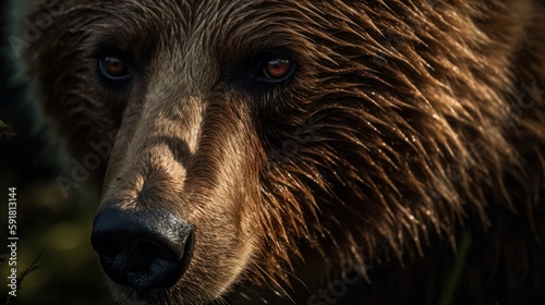 Close-up of a brown bear's face in the forest. Generative AI