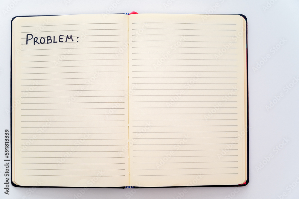 Blank notebook page, with the writing Problems, and marker next to it. Problems, solutions and answers. Blank notebook page, with the writing Problems, and marker next to it. Problems, solutions and answers.