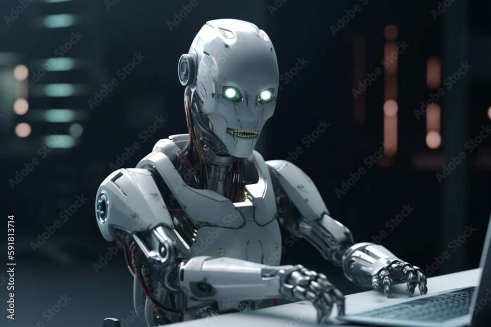 A robot sits at a desk with a computer screen desk in an office room