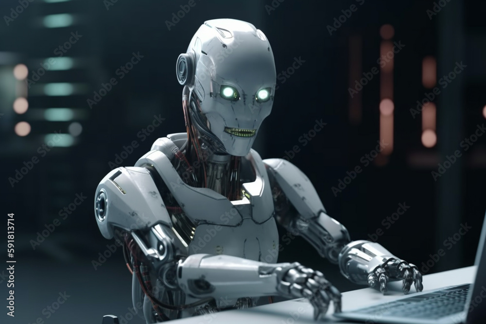 A robot sits at a desk with a computer screen desk in an office room A robot sits at a desk with a computer screen desk in an office room
