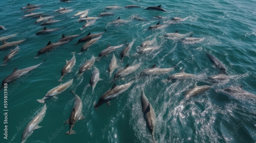 Pod of dolphins swimming together in the open sea. Generative AI