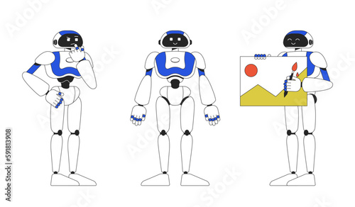Humanoid robots AI performing tasks linear flat color vector characters set. Editable full body machines on white. Thin line cartoon style spot illustrations pack for web graphic design and animation