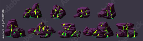 Rock boulder crack with toxic light texture vector illustration. Isolated cartoon broken stone set icon for decoration in game. Heavy cracked geology material with mysterious neon glowing substance.