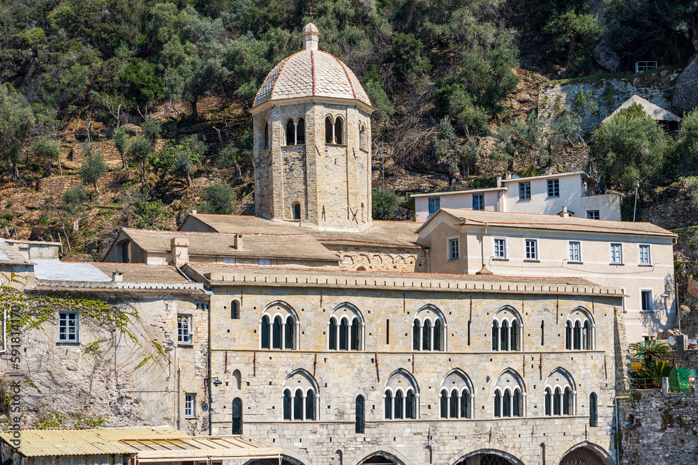 Close-up of the ancient San Fruttuoso Abbey (San Fruttuoso di Capodimonte), X-XI century, place of worship between Portofino and Camogli, Genoa province (Genova), Liguria, Italy, Europe.