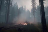Smoke from a fire in a field full of trees, extreme summer heat. Generate by ai
