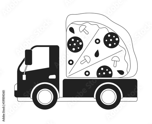 Delivery vehicle with pizza monochrome concept vector spot illustration. Editable 2D flat bw cartoon object for web UI design. Fast food service creative linear hero image for landings, mobile headers