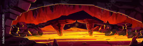 Cartoon volcano cave with lava flow inside. Vector cartoon illustration of underground hell landscape, dangerous stone bridge across hot magma river, rocky mountain walls. Adventure game background