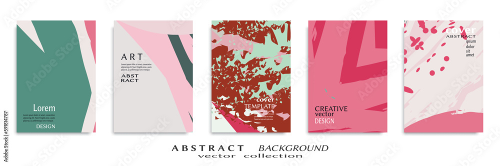 Naklejka premium Abstract backgrouns set, grunge texture. Minimalistic art, brush strokes style. Design for card, brochure, banner idea, book cover, booklet print, flyer sheet a4. Collage page, web header template.