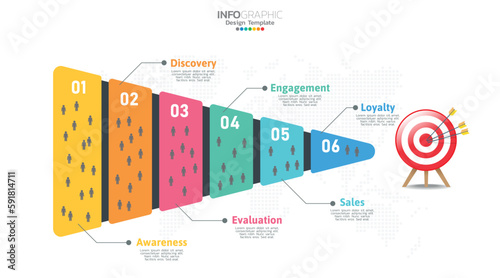 Sales funnel infographic template with 6 steps for marketing and startup business.