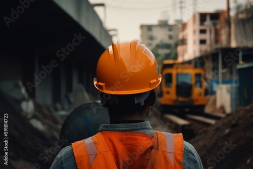 an engineer in a helmet, with his back turned, supervises the construction. in the background construction machinery, excavators, trucks, ai generatiove