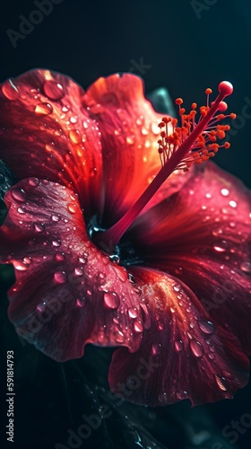 hibiscus flower with water drop, hibiscus flower on neon light. Ai generative