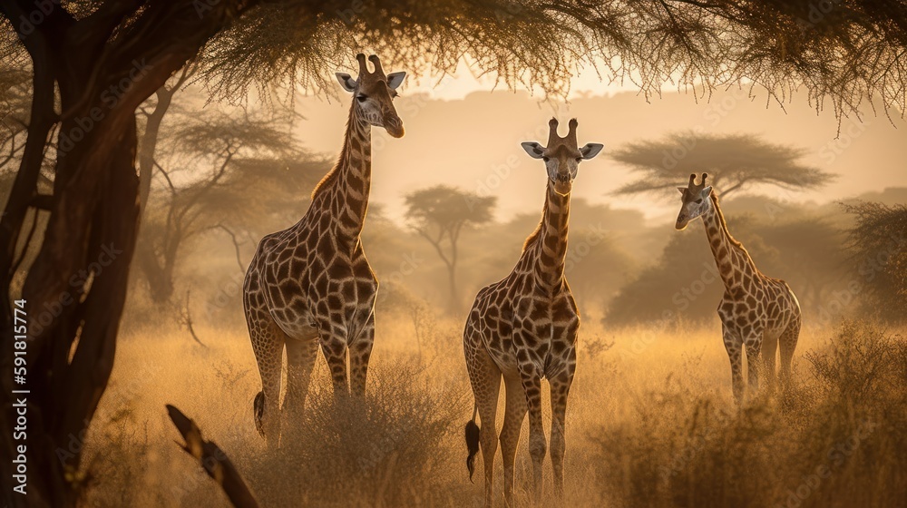Pair of giraffes standing in the savannah. Generative AI - obrazy, fototapety, plakaty 