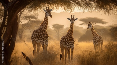 Pair of giraffes standing in the savannah. Generative AI photo