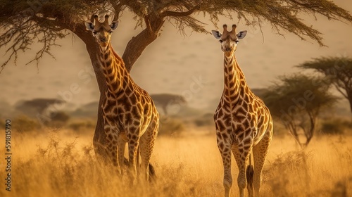 Pair of giraffes standing in the savannah. Generative AI