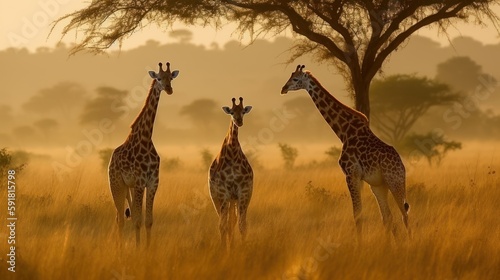 Pair of giraffes standing in the savannah. Generative AI