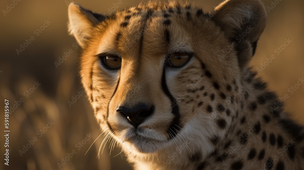 Close-up of a cheetah's face in the grassland. Generative AI Close-up of a cheetah's face in the grassland. Generative AI